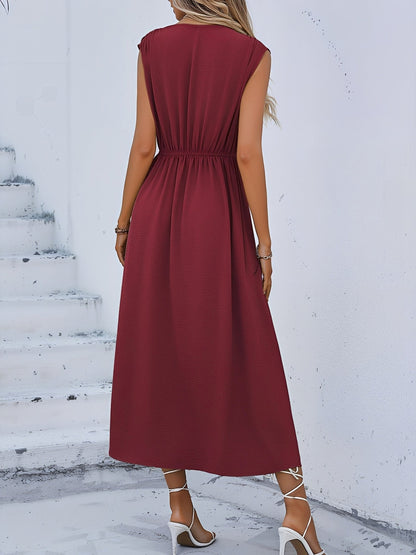 Round Neck Sleeveless Ruched Tie Front Midi Dress