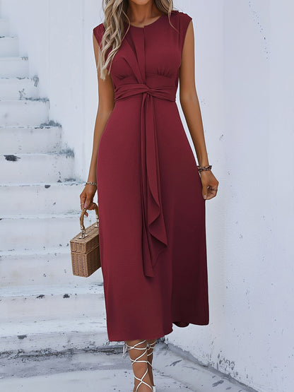 Round Neck Sleeveless Ruched Tie Front Midi Dress