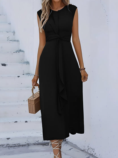 Round Neck Sleeveless Ruched Tie Front Midi Dress
