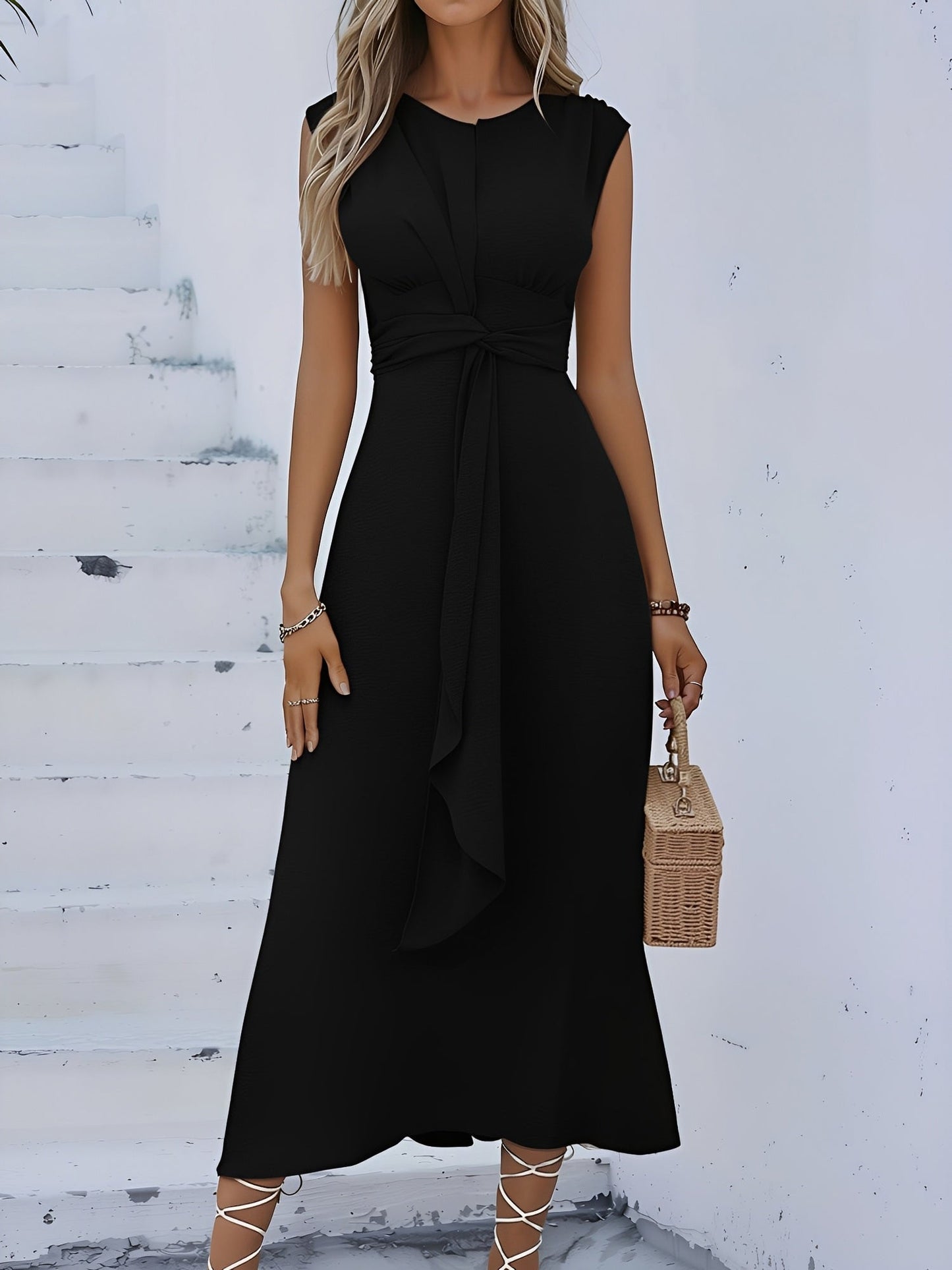 Round Neck Sleeveless Ruched Tie Front Midi Dress