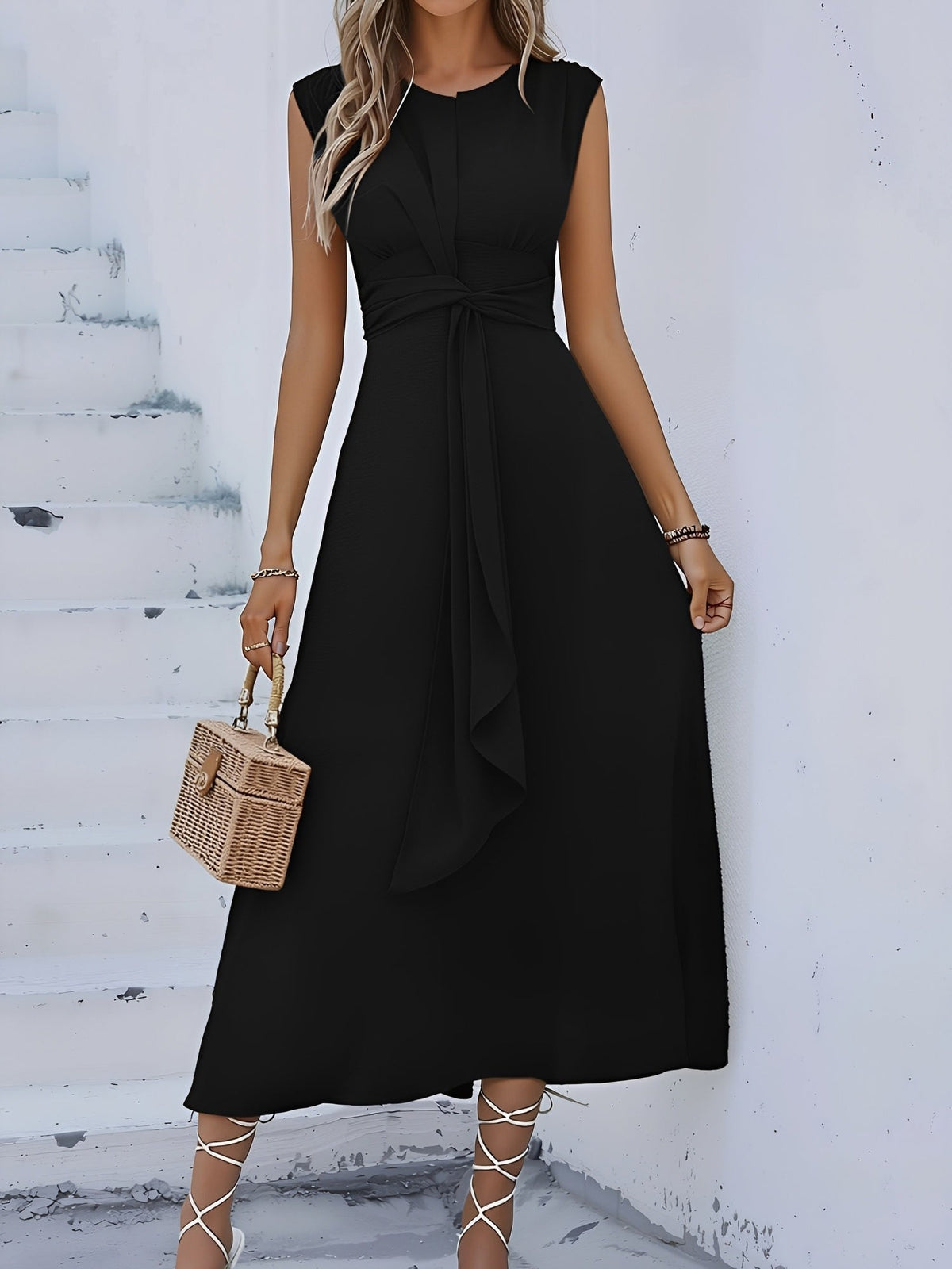 Round Neck Sleeveless Ruched Tie Front Midi Dress