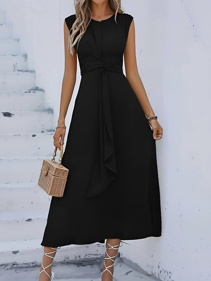 Round Neck Sleeveless Ruched Tie Front Midi Dress