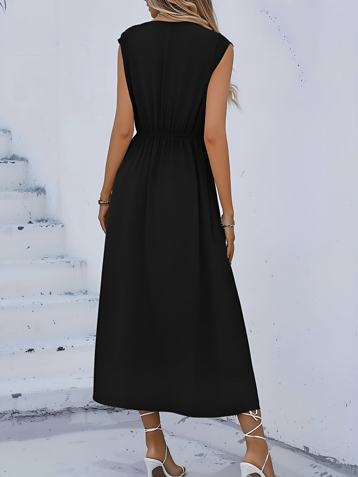 Round Neck Sleeveless Ruched Tie Front Midi Dress