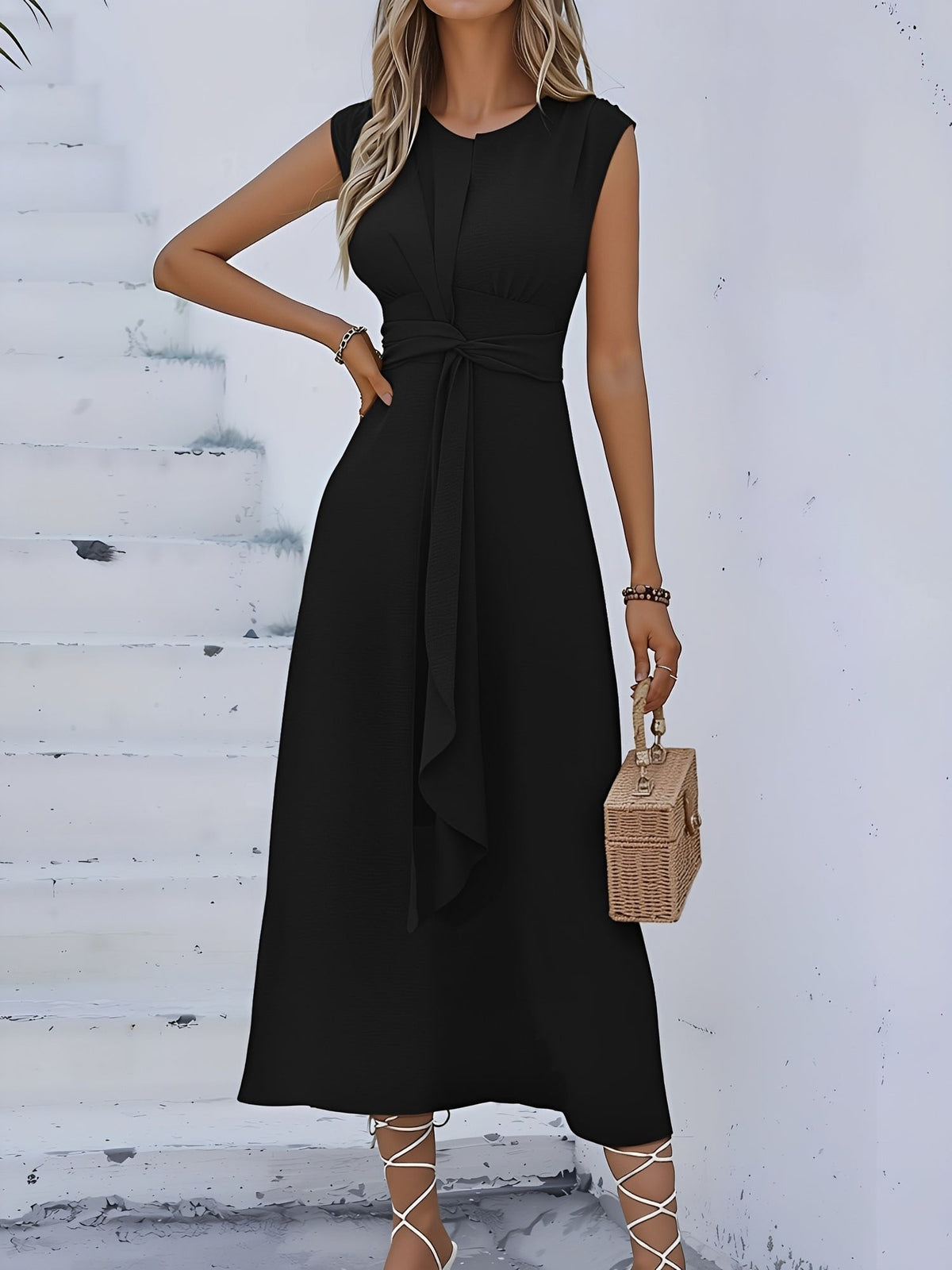 Round Neck Sleeveless Ruched Tie Front Midi Dress