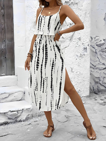 Printed Spaghetti Strap Slit Midi Dress