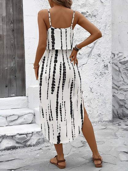 Printed Spaghetti Strap Slit Midi Dress