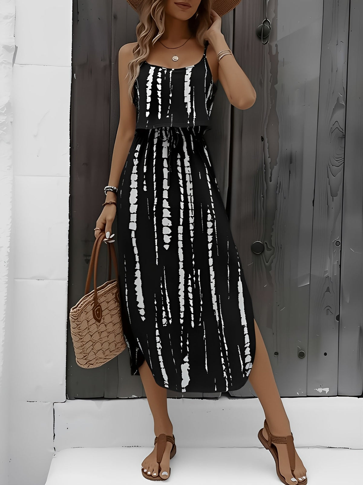 Printed Spaghetti Strap Slit Midi Dress