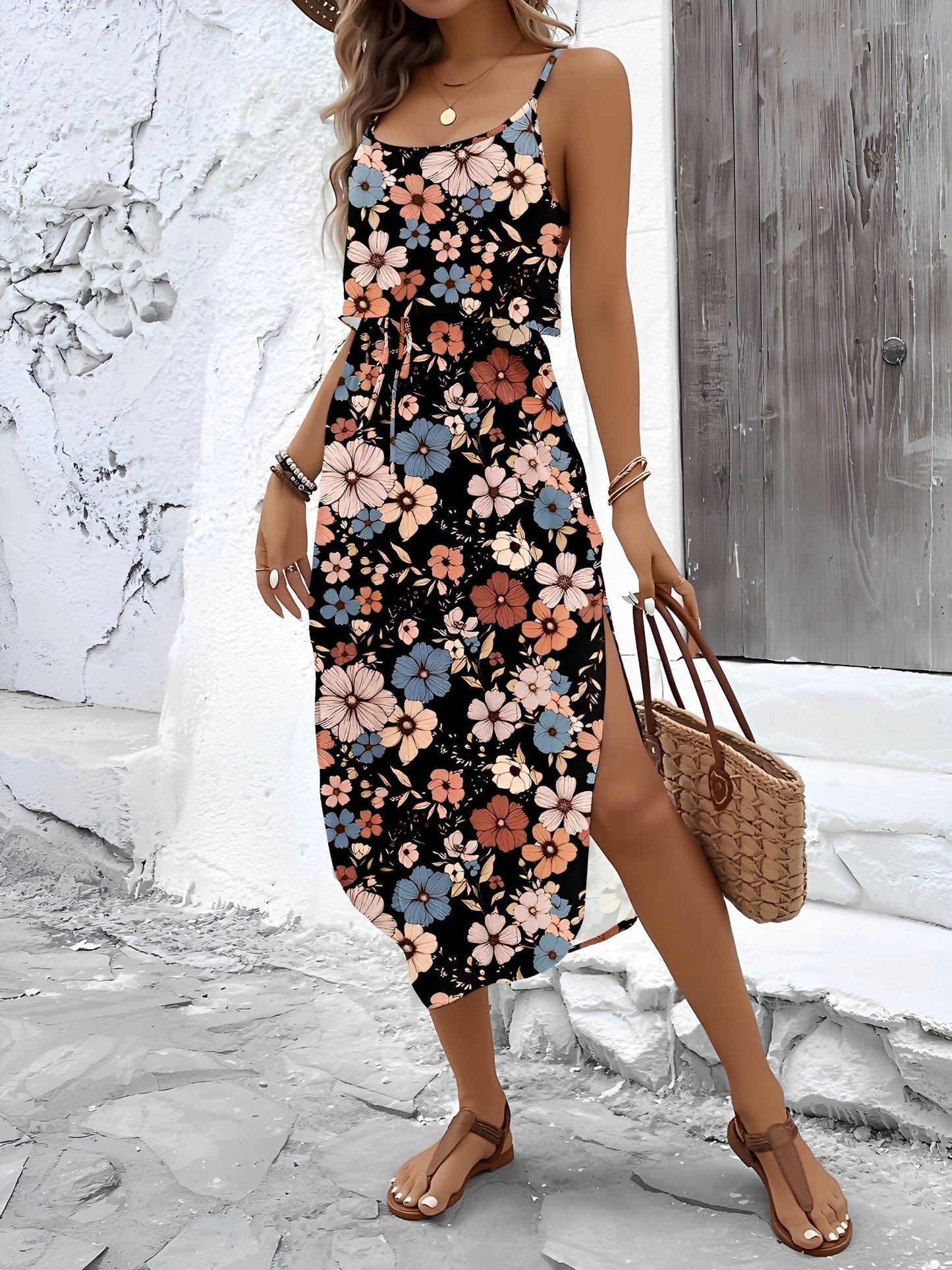 Printed Spaghetti Strap Slit Midi Dress