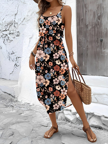 Printed Spaghetti Strap Slit Midi Dress