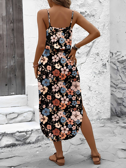 Printed Spaghetti Strap Slit Midi Dress