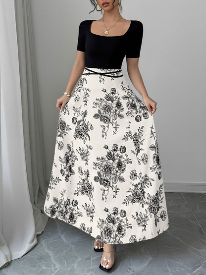 Floral Short Sleeve Square Neck Patchwork Midi Dress