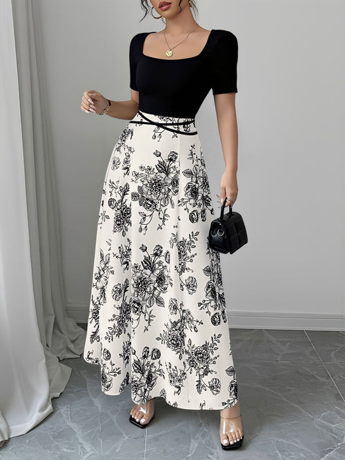 Floral Short Sleeve Square Neck Patchwork Midi Dress