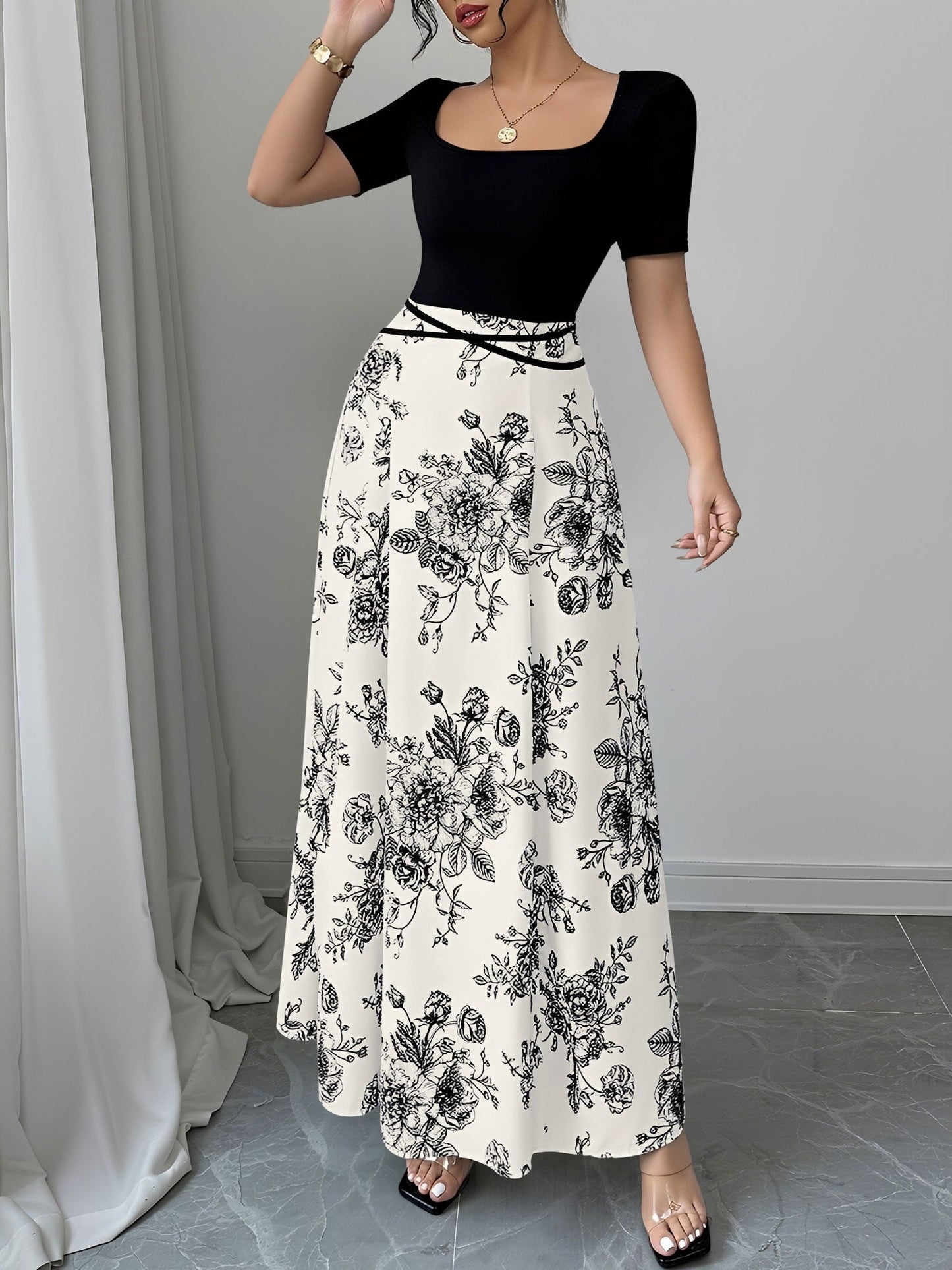 Floral Short Sleeve Square Neck Patchwork Midi Dress