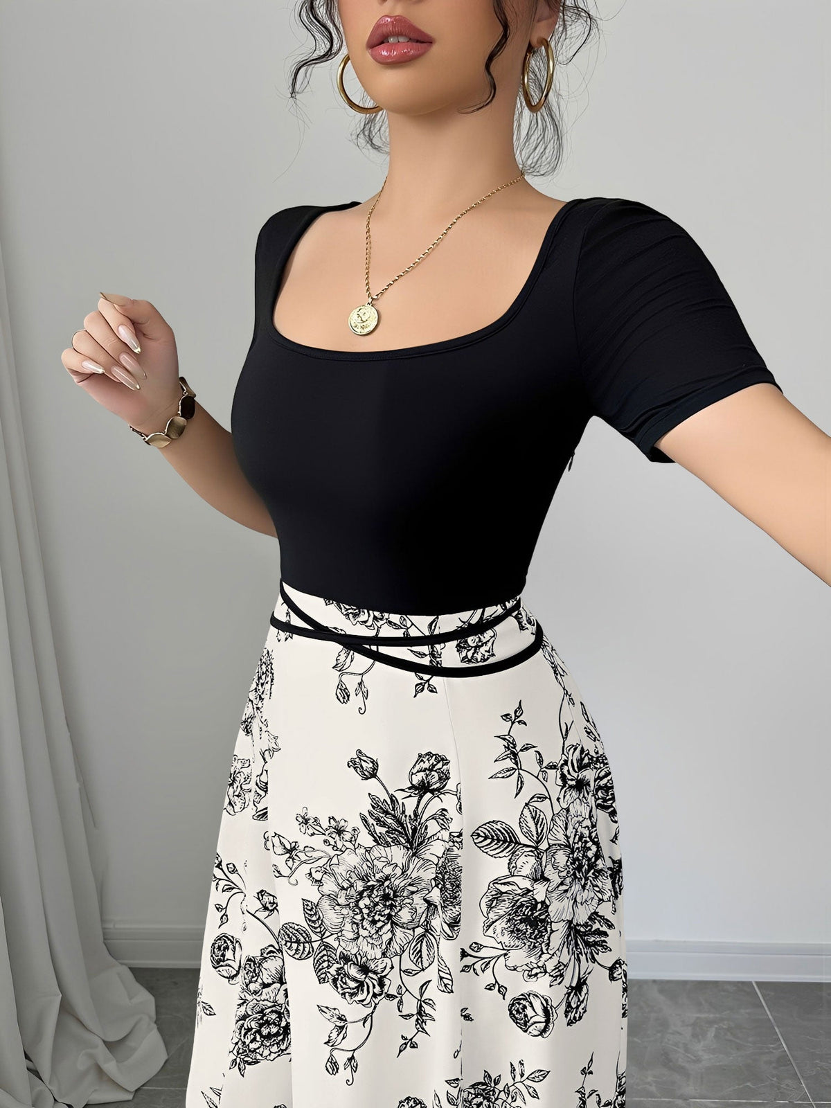 Floral Short Sleeve Square Neck Patchwork Midi Dress