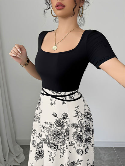 Floral Short Sleeve Square Neck Patchwork Midi Dress