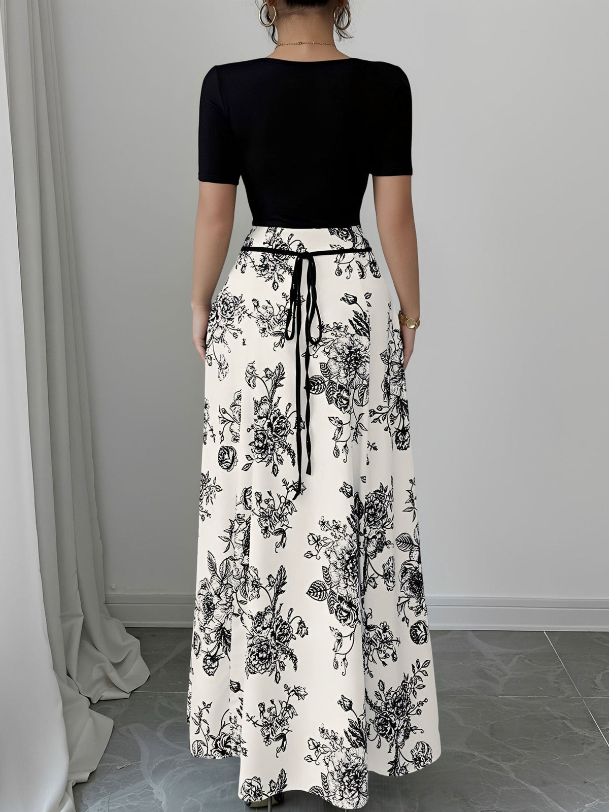 Floral Short Sleeve Square Neck Patchwork Midi Dress