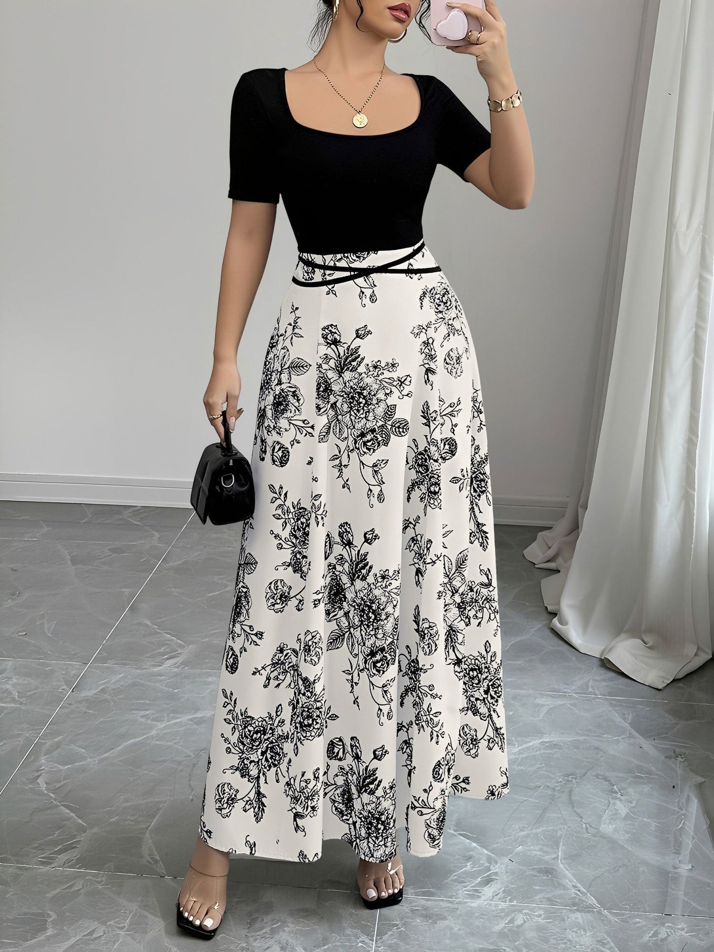 Floral Short Sleeve Square Neck Patchwork Midi Dress