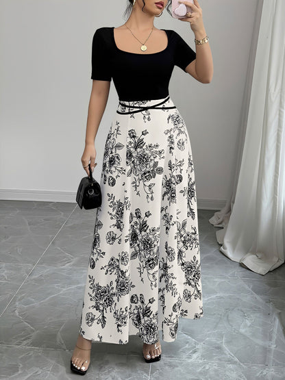 Floral Short Sleeve Square Neck Patchwork Midi Dress