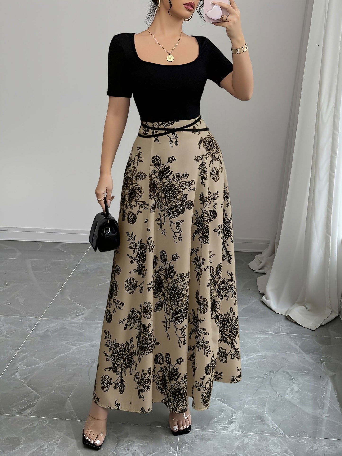 Floral Short Sleeve Square Neck Patchwork Midi Dress