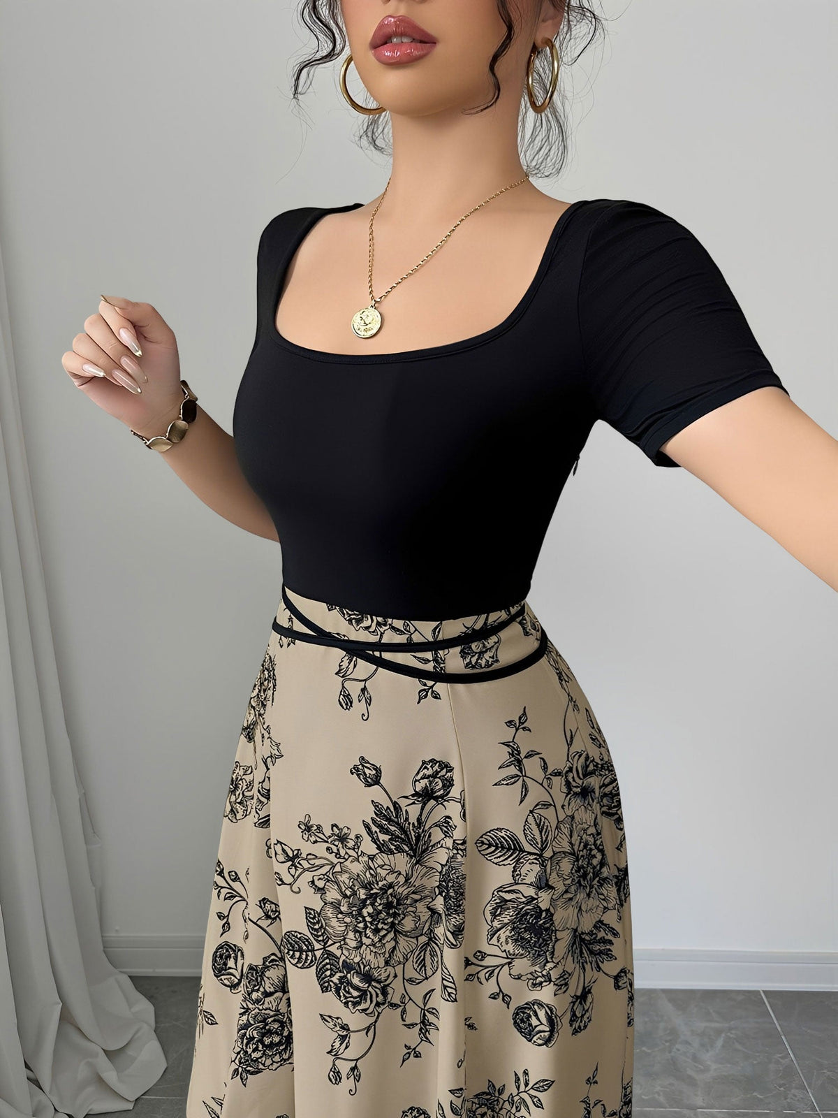 Floral Short Sleeve Square Neck Patchwork Midi Dress