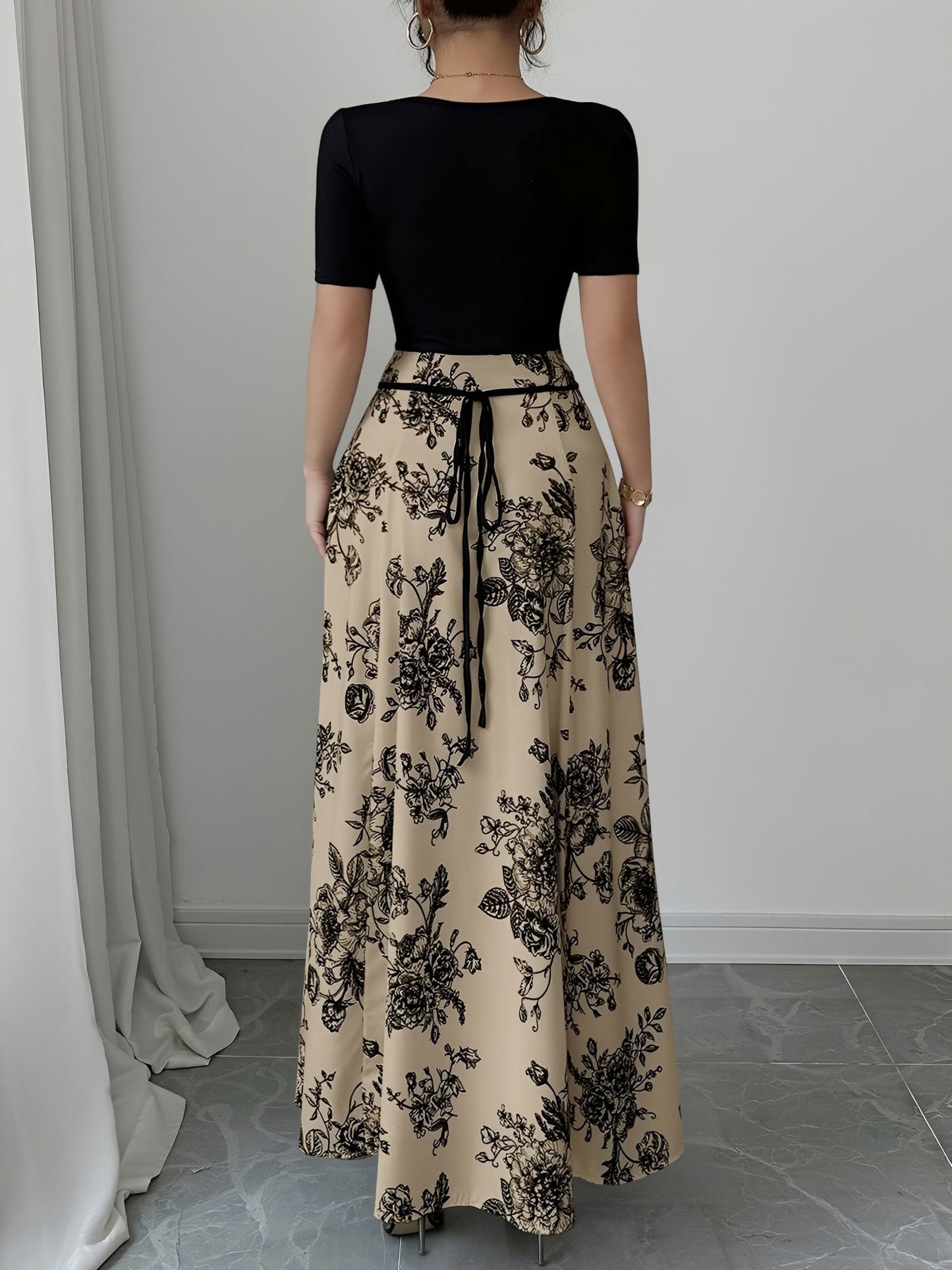 Floral Short Sleeve Square Neck Patchwork Midi Dress