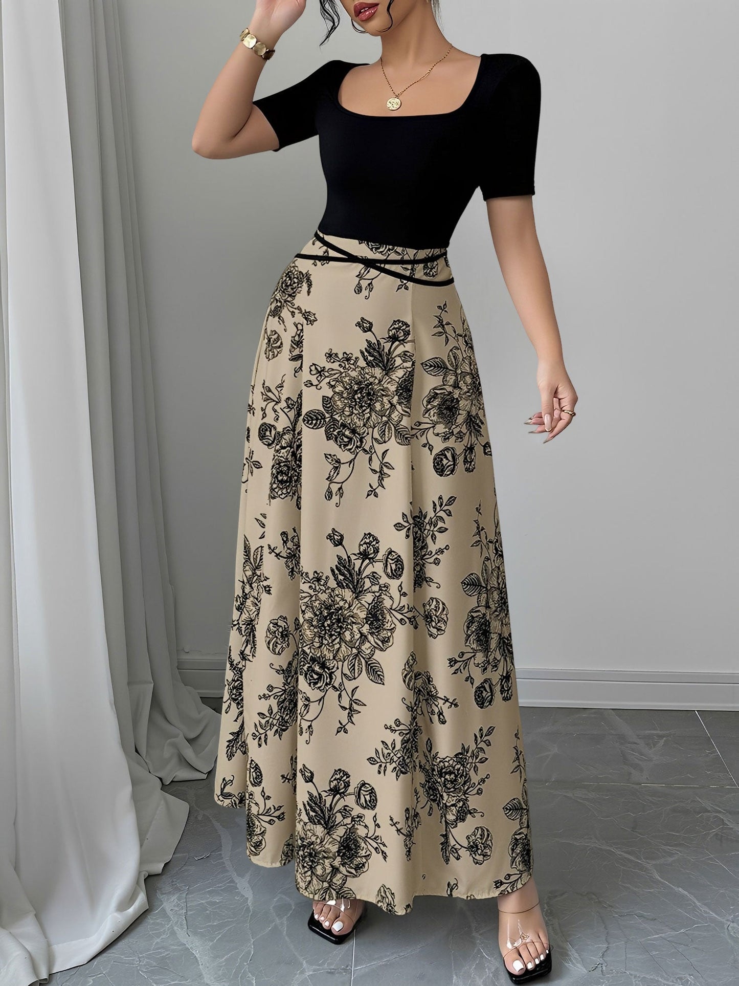 Floral Short Sleeve Square Neck Patchwork Midi Dress