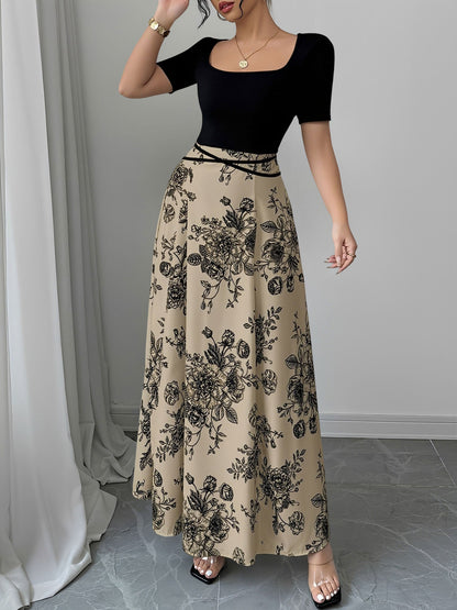 Floral Short Sleeve Square Neck Patchwork Midi Dress
