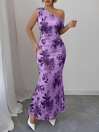 Floral One Shoulder Bodycon Fishtail Dress