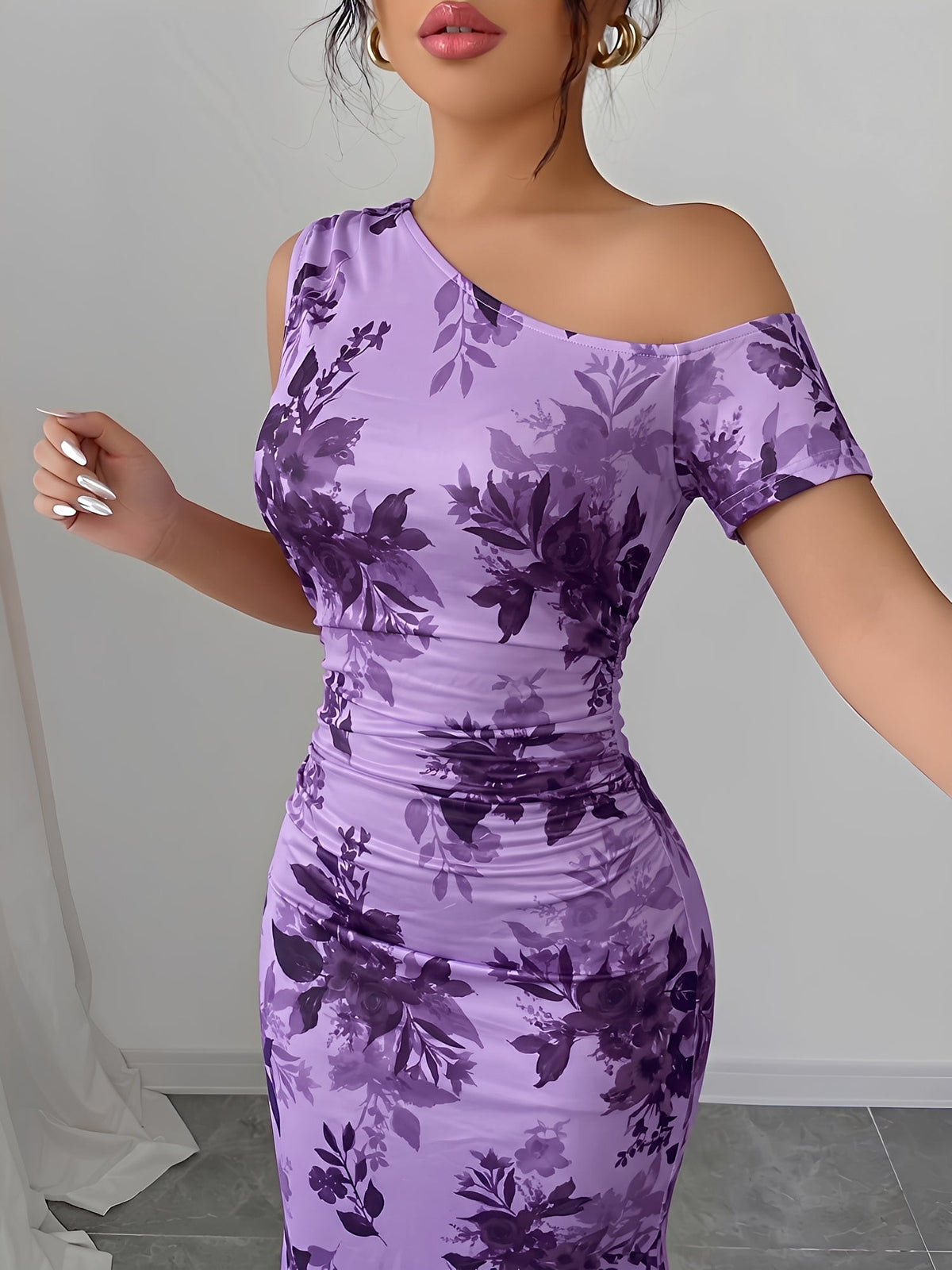 Floral One Shoulder Bodycon Fishtail Dress