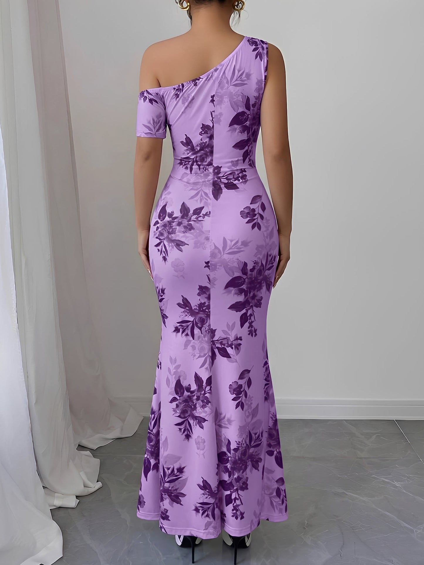 Floral One Shoulder Bodycon Fishtail Dress