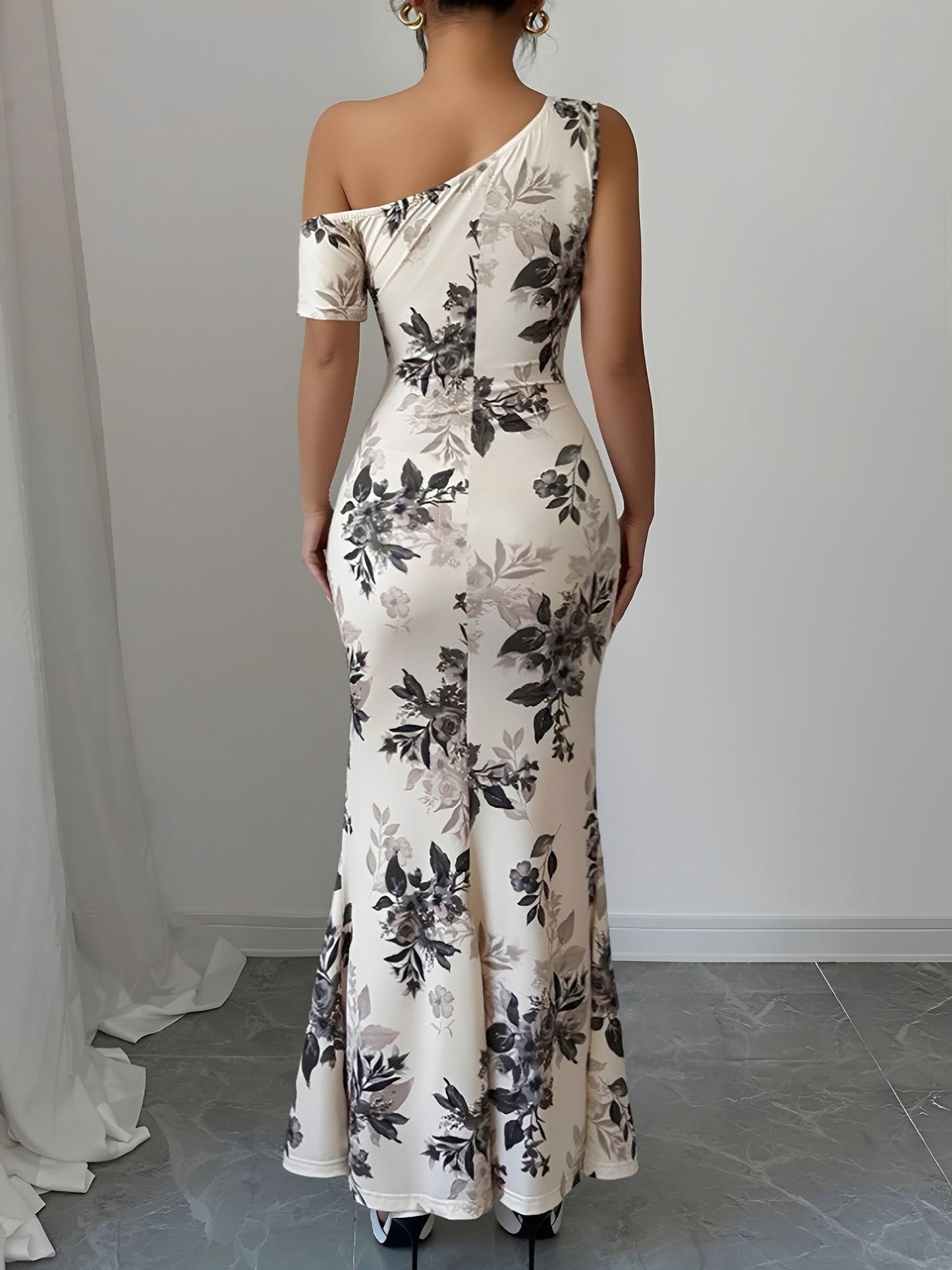 Floral One Shoulder Bodycon Fishtail Dress