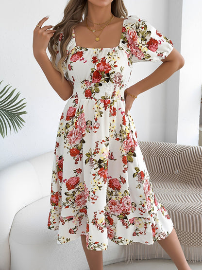 Floral Off-the-Shoulder Puff Sleeve Ruffled A-Line Dress