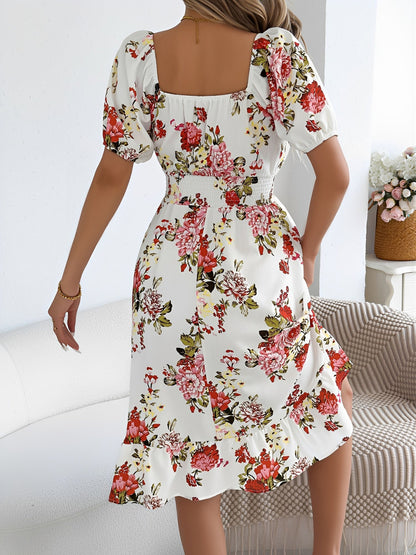 Floral Off-the-Shoulder Puff Sleeve Ruffled A-Line Dress