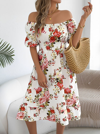 Floral Off-the-Shoulder Puff Sleeve Ruffled A-Line Dress