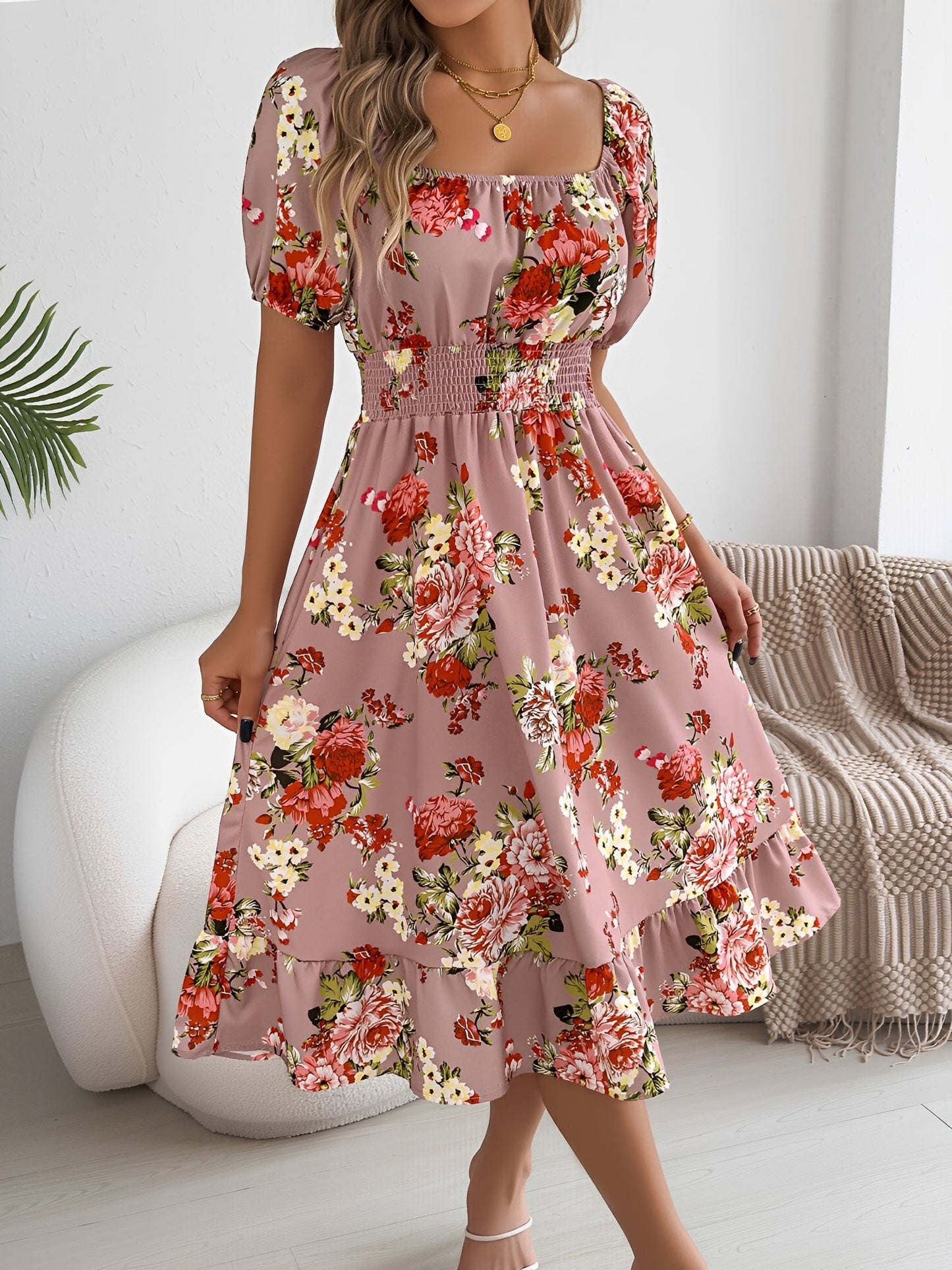 Floral Off-the-Shoulder Puff Sleeve Ruffled A-Line Dress