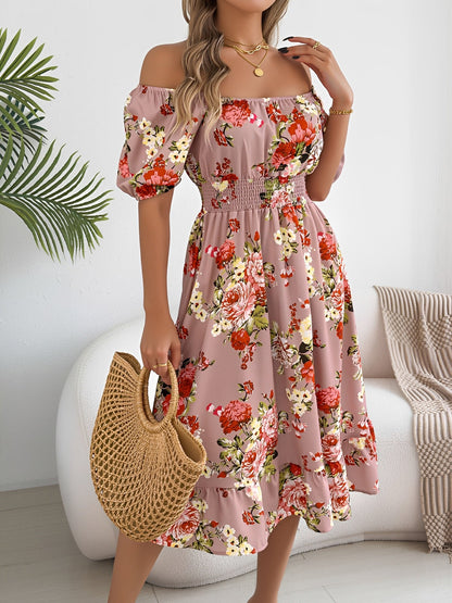 Floral Off-the-Shoulder Puff Sleeve Ruffled A-Line Dress