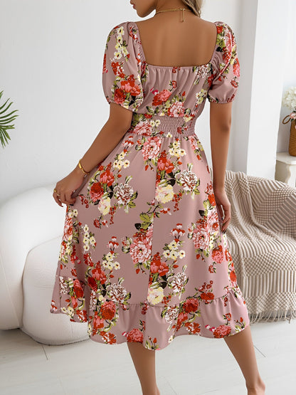 Floral Off-the-Shoulder Puff Sleeve Ruffled A-Line Dress