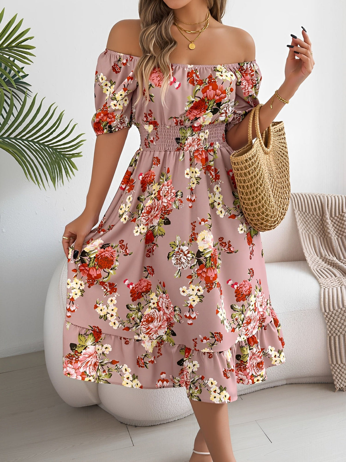 Floral Off-the-Shoulder Puff Sleeve Ruffled A-Line Dress