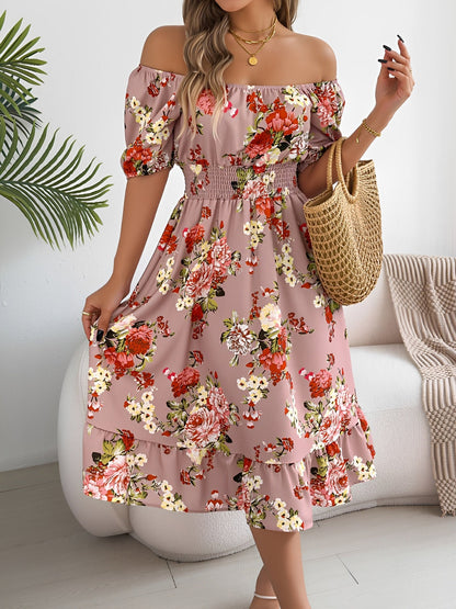 Floral Off-the-Shoulder Puff Sleeve Ruffled A-Line Dress