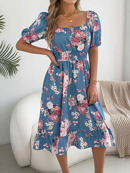 Floral Off-the-Shoulder Puff Sleeve Ruffled A-Line Dress