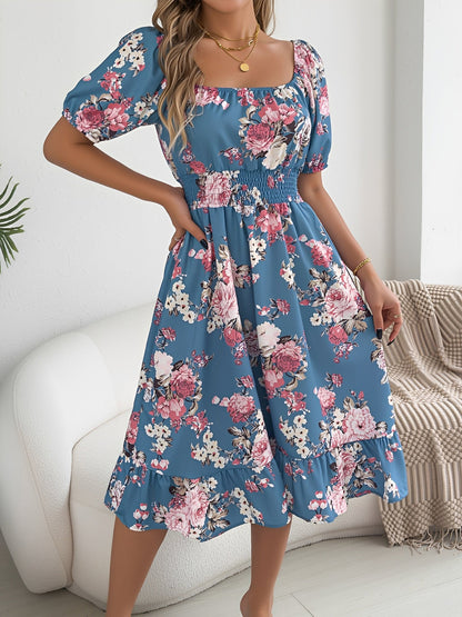 Floral Off-the-Shoulder Puff Sleeve Ruffled A-Line Dress