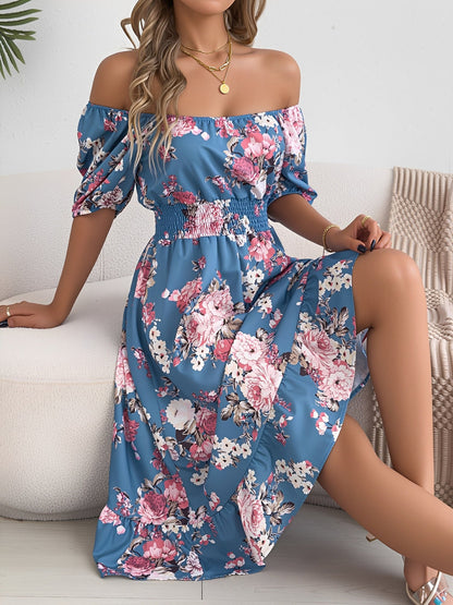 Floral Off-the-Shoulder Puff Sleeve Ruffled A-Line Dress