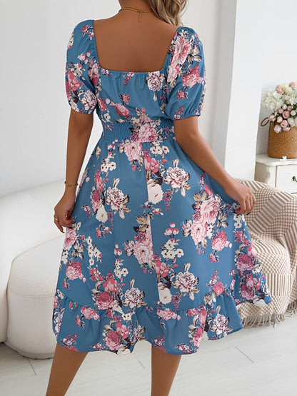 Floral Off-the-Shoulder Puff Sleeve Ruffled A-Line Dress