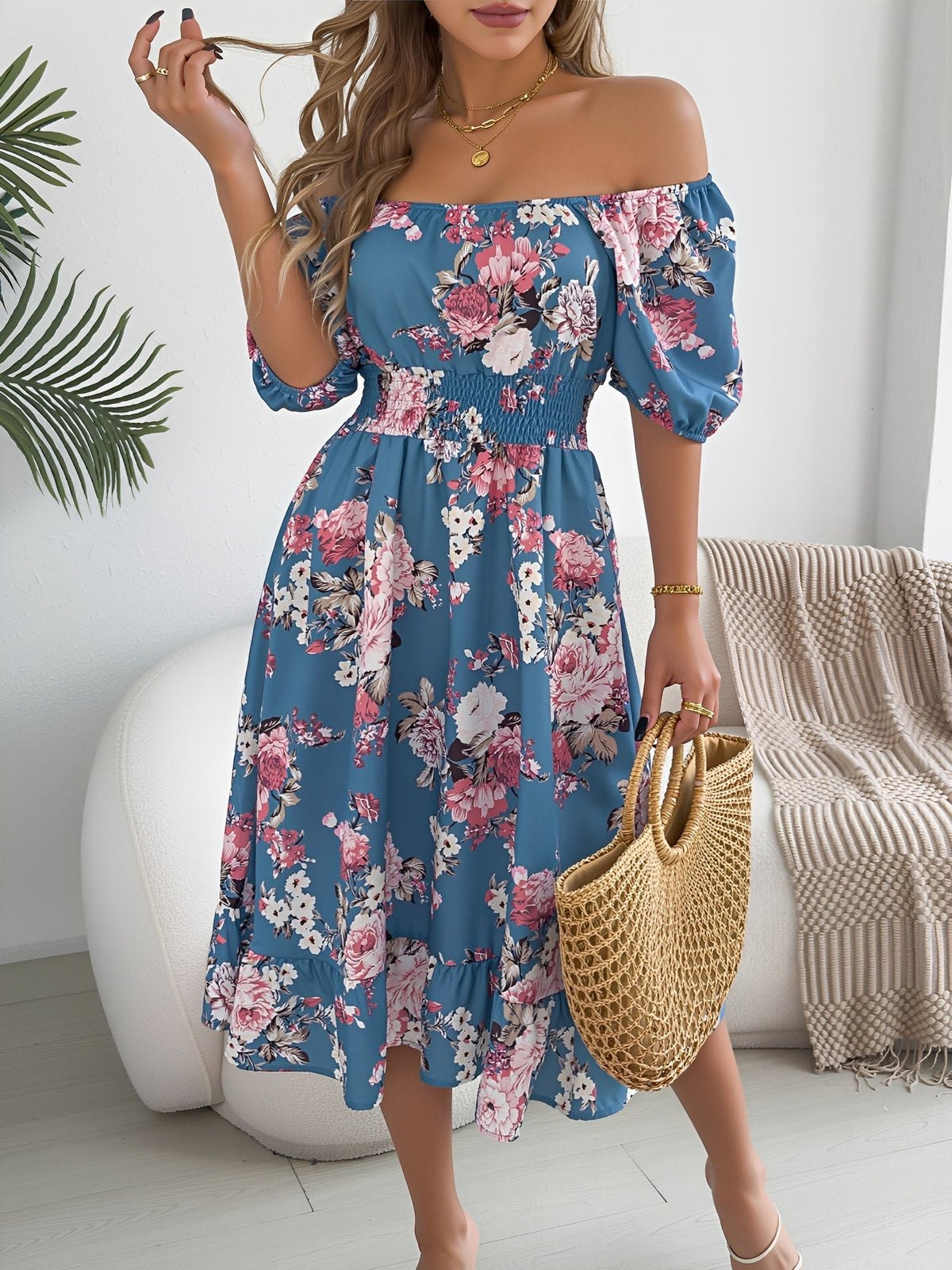 Floral Off-the-Shoulder Puff Sleeve Ruffled A-Line Dress