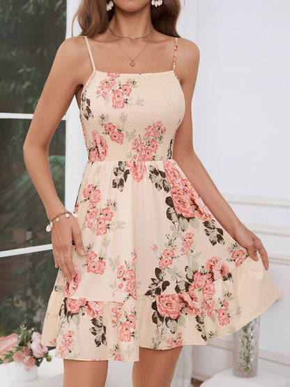 Floral Spaghetti Strap Smocked A-Line Mini Dress