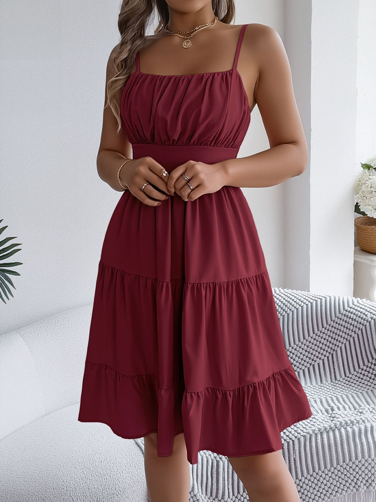 Spaghetti Strap Sleeveless Tiered A-Line Dress