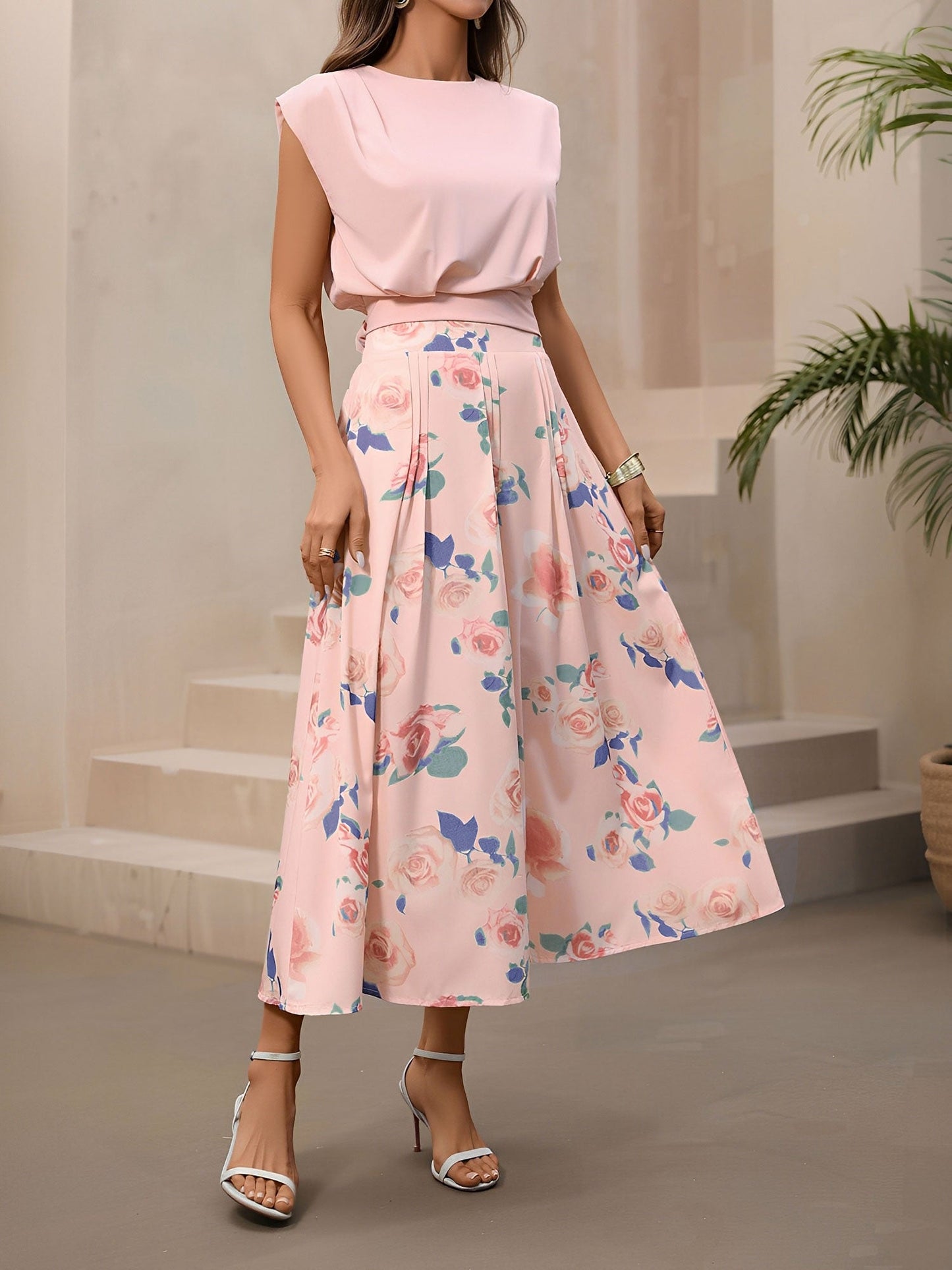 2 Pieces Cap Sleeves Cropped Top & Floral Midi Dress Matching Set