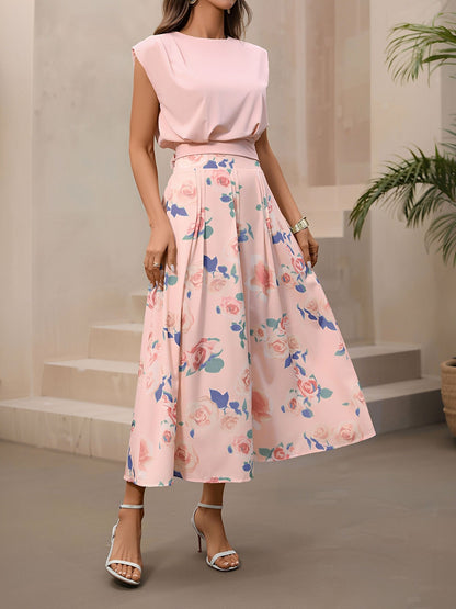 2 Pieces Cap Sleeves Cropped Top & Floral Midi Dress Matching Set