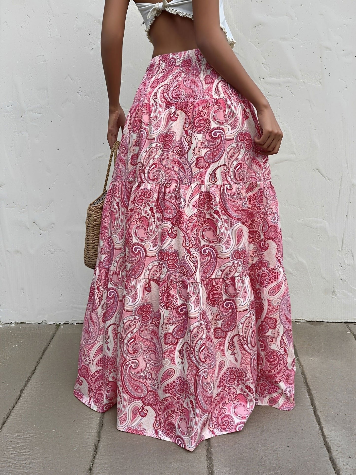 Boho Paisley Smocked Tiered A-Line Skirt