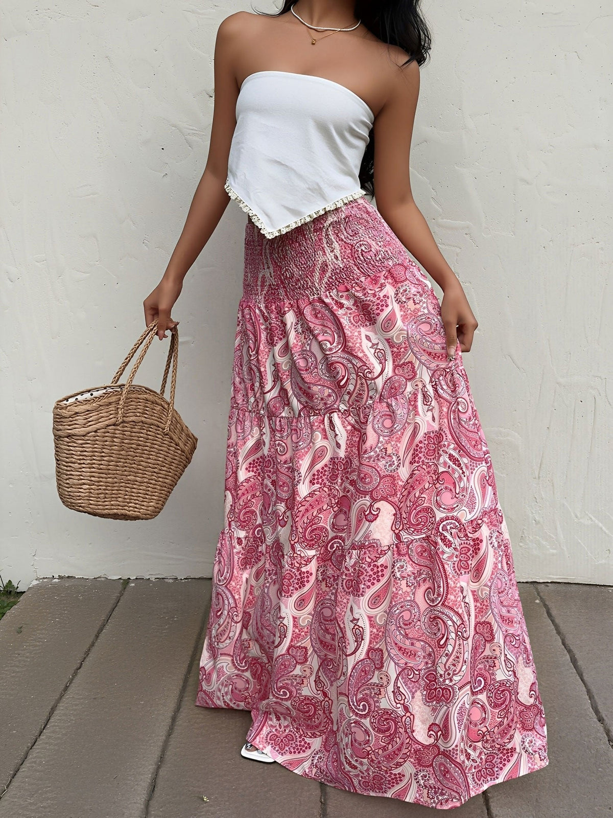 Boho Paisley Smocked Tiered A-Line Skirt